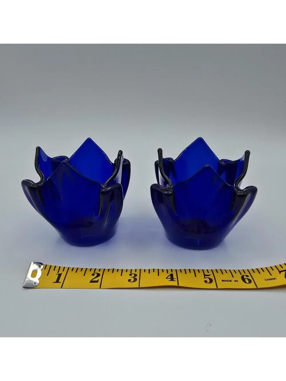 PartyLite Cobalt Blue Art Glass Tulip Votive Candle Holders Set of 2